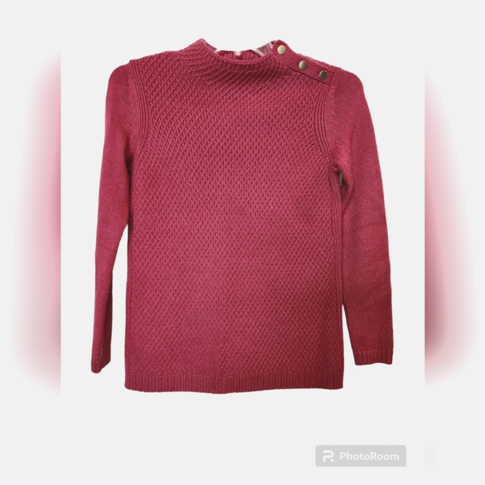 TALBOTS size P raspberry color sweater high neck with 3 gold buttons.
